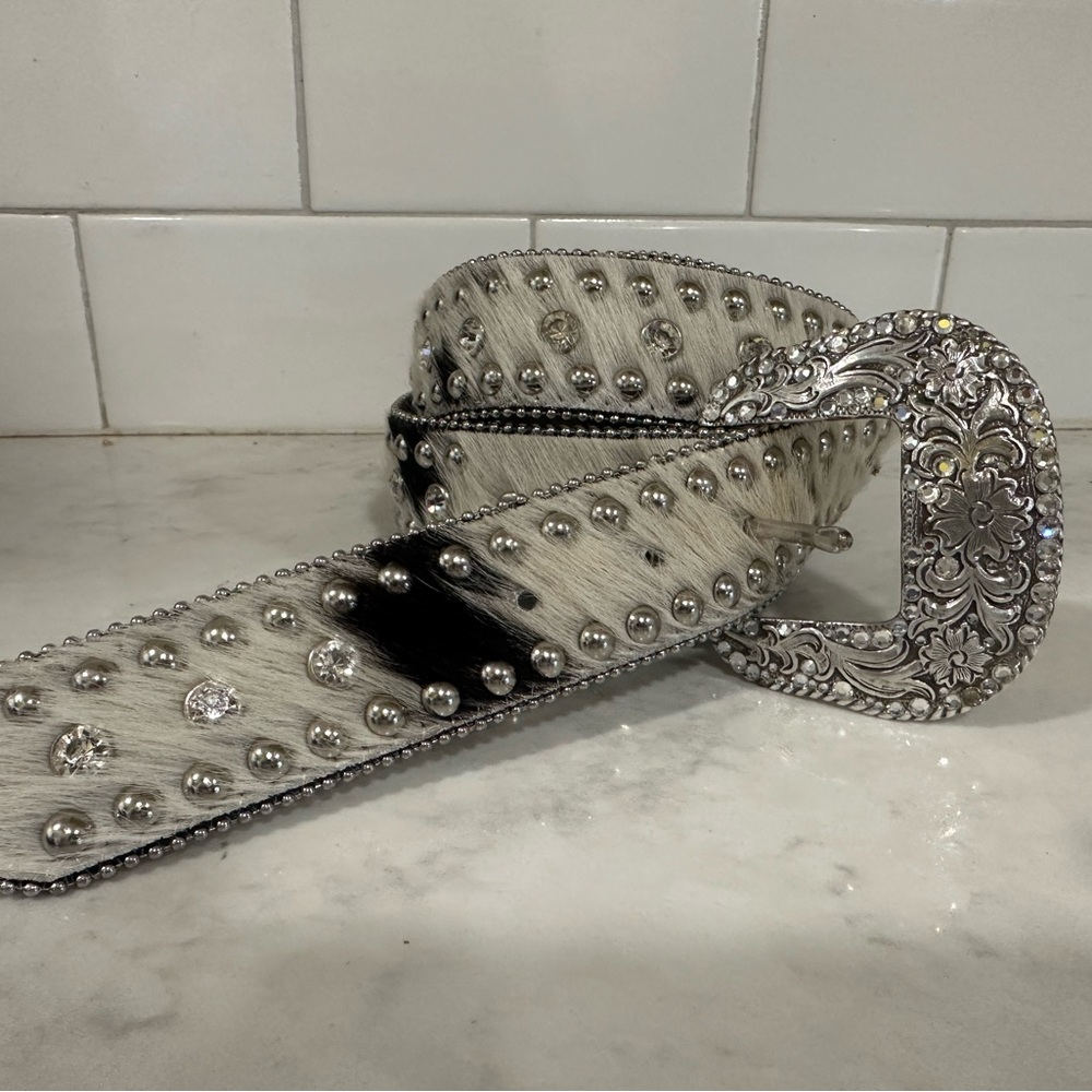 Nocona White and Black Haircalf Studded Western Belt with Ornate Silver Buckle
